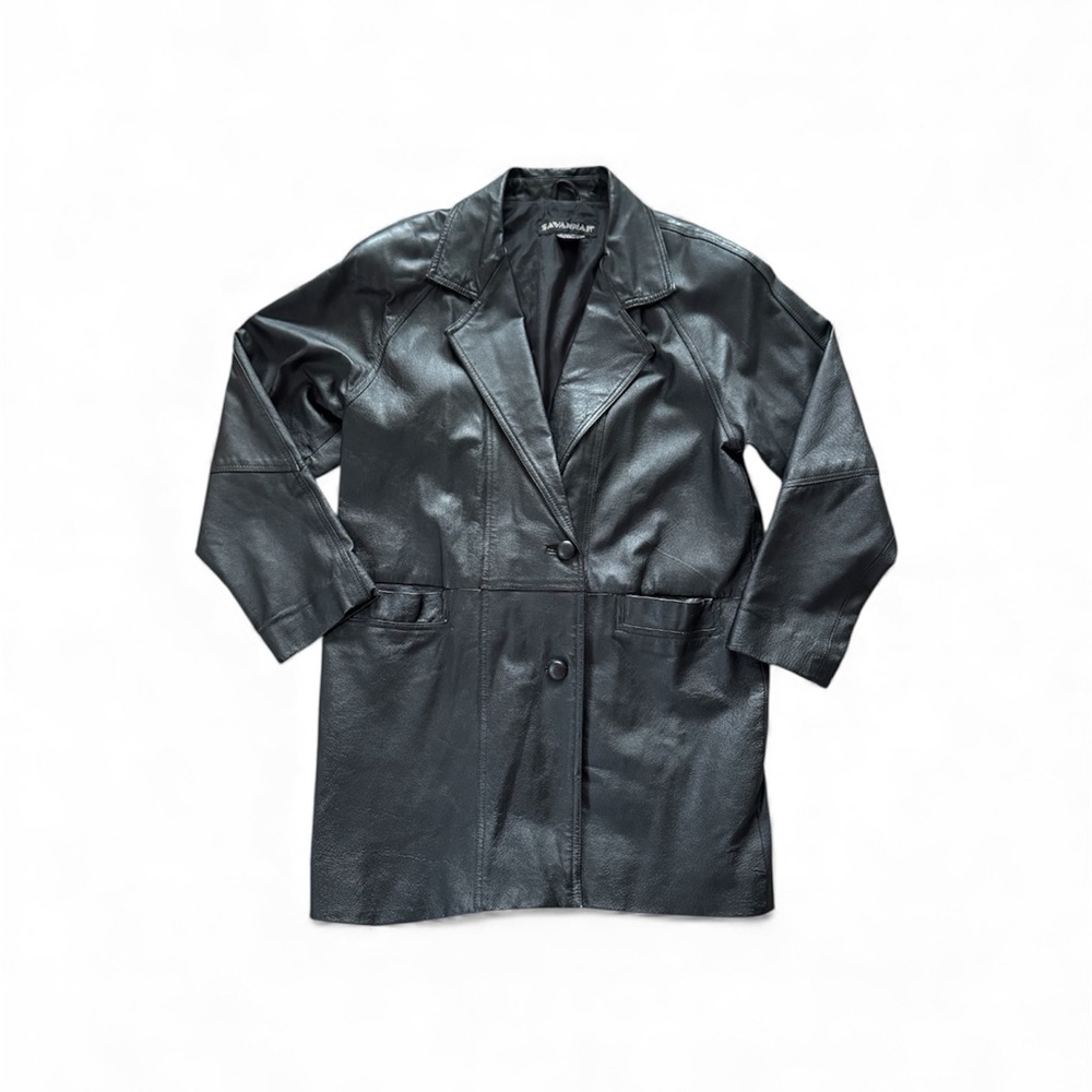 Women's SAVANNAH Black Leather Long Button Down Retro Coat Jacket Size Medium
